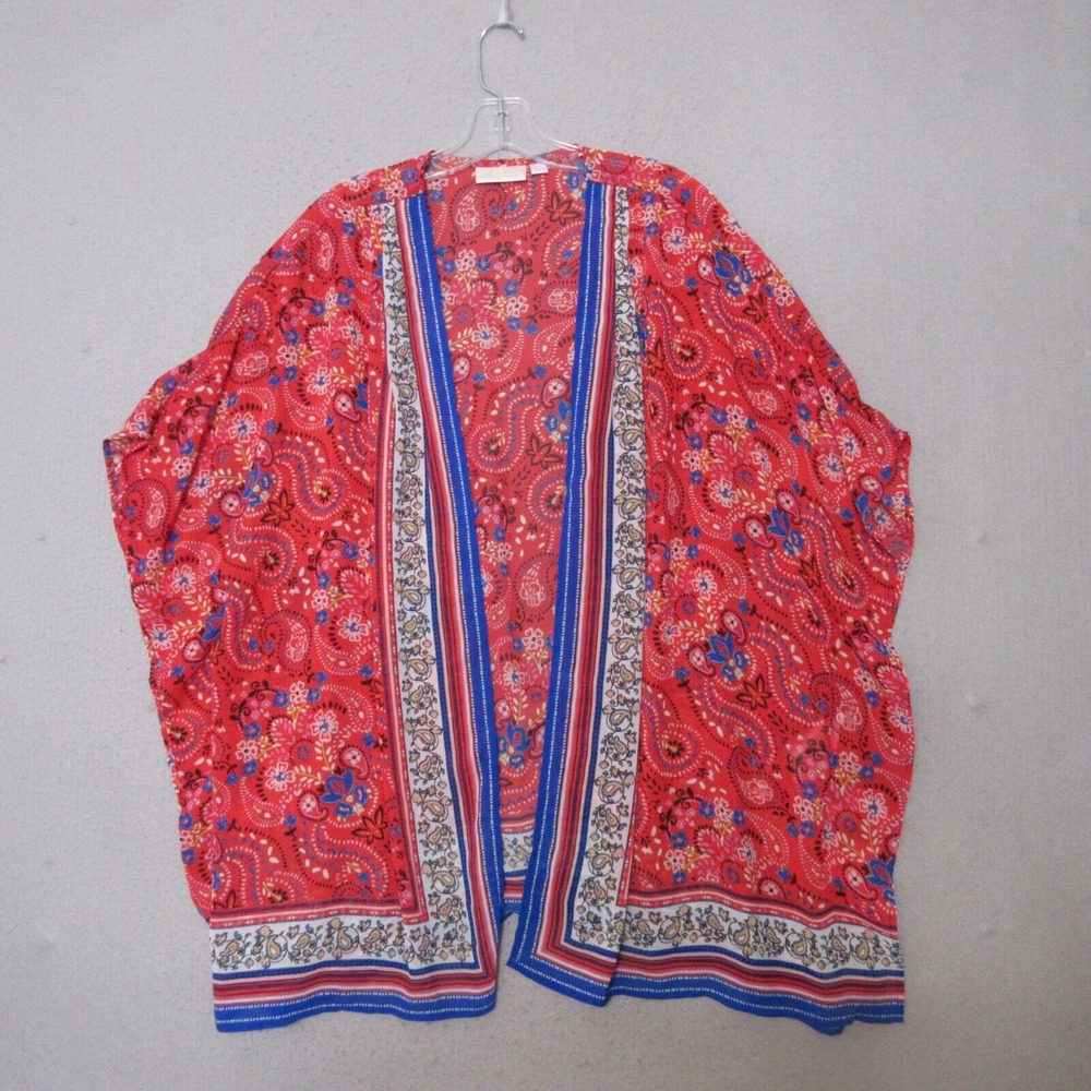Belle Kim Gravel Kimono Top Women Plus 1X Red Blue Floral Open Front Beachy Boho
